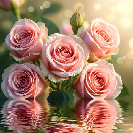A delicate cluster of five soft pink roses, adorned with dew drops, is beautifully reflected in rippling water, bathed in a warm, gentle sunlight with soft bokeh highlights.の素材