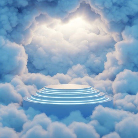 A futuristic, illuminated podium surrounded by soft, volumetric clouds, bathed in a warm, bright glow from the sky above. Ideal for product showcases.の素材