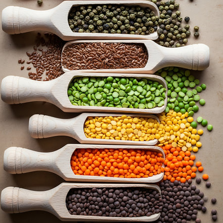 A vibrant collection of dry lentils, peas, flax seeds, and peppercorns displayed in rustic wooden scoops, showcasing a spectrum of natural colors and textures, perfect for culinary themes.の素材