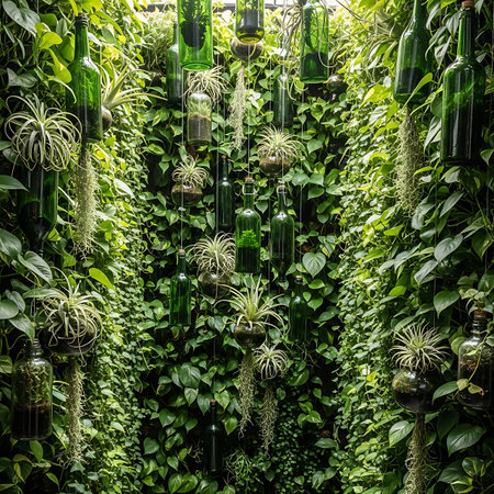 A vibrant vertical garden wall featuring an array of green glass bottles and air plants suspended by strings, creating a unique, living botanical display with dense foliage.の素材