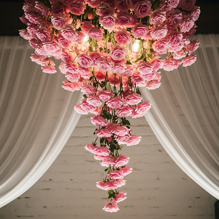 An opulent chandelier adorned with numerous pink roses cascades gracefully, illuminated by warm light, set against a backdrop of flowing white curtains for a romantic ambiance.の素材
