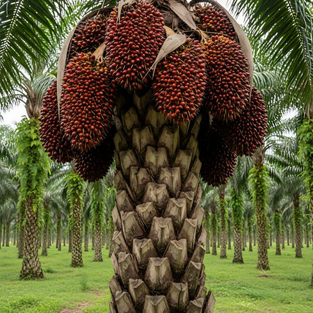 Clusters of ripe, red-brown palm oil fruit hang heavily from a mature oil palm tree, set against a backdrop of a lush green plantation and more trees stretching into the distance.の素材