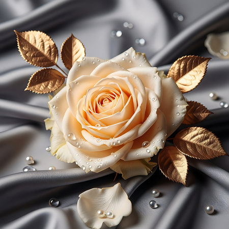 Elegant cream rose with dew drops, adorned by metallic gold leaves and pearls, artfully arranged on luxurious gray silk fabric, symbolizing beauty and refinement.の素材