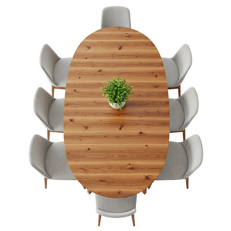 Top view of an oval wooden dining table surrounded by six modern gray chairs with a green plant.の素材