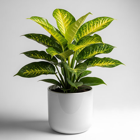 A healthy Dieffenbachia camilla plant with variegated leaves potted in a simple white cylinder pot.の素材