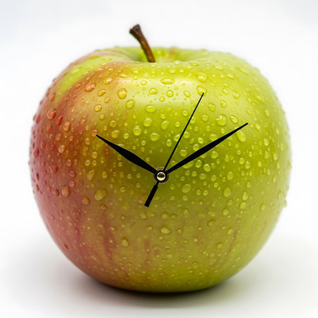 Creative concept of a green apple shaped like a clock with water drops on a white surface.の素材