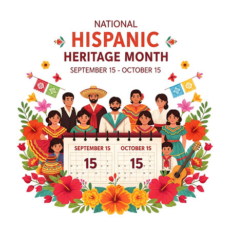 This image commemorates National Hispanic Heritage Month, which is observed from September 15 to October 15. It features a vibrant illustration of a family dressed in traditional Hispanic attire, surrounded by colorful flowers and festive decorations. The calendar highlights the start and end dates of the month-long celebration.の素材