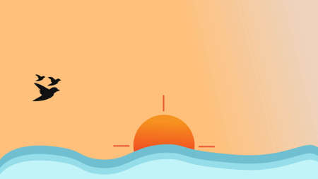 vector sunset, sunrise, ocean, sea view sun and bird, seagull with gradient orange backgroundのイラスト素材