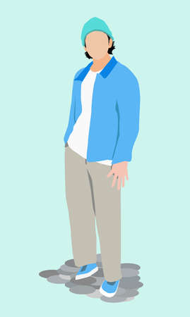 Man  in a blue shirt as outer and inner white t-shirt wearing a blue beanie hat, grey pants and blue...