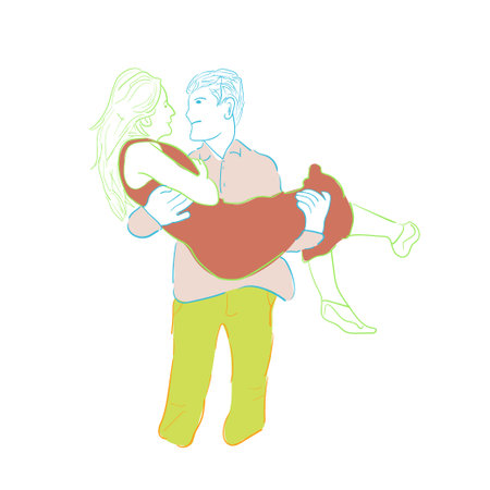 Vector illustration of couple hugging, boyfriend and girlfriend man hug his girlfriend, loving each other design flat modern simple color vector lines, romance and romanticのイラスト素材