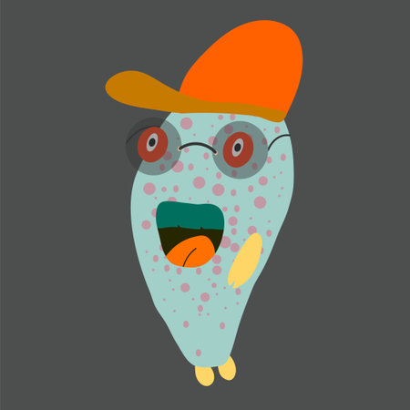 Funny cartoon illustration vector monster modern flat color design art cartoon drawing monster polkadot skin wearing hatのイラスト素材