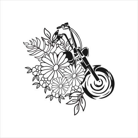 Decorative flower art vector with motorcycle black and white illustration floral modern simple designのイラスト素材