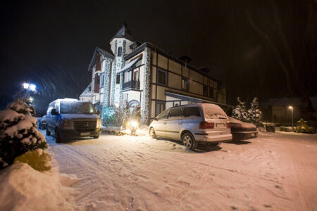 Hotel exterior on a winter nightの写真素材