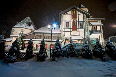 Hotel exterior on a winter nightの写真素材