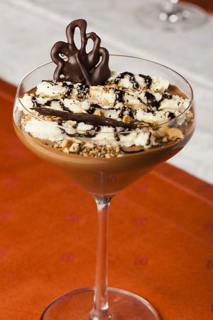 Chocolate mousse in glass with decorationの写真素材