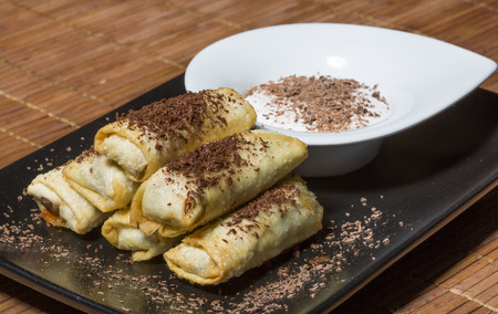 Chocolate and banana spring rollsの写真素材