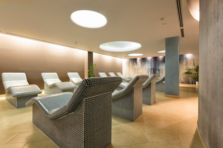 Heated lounge chairs at spa centerのeditorial素材