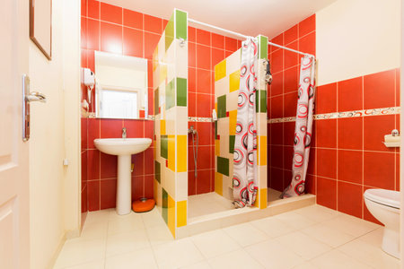 Hostel interior - bathroom showerのeditorial素材