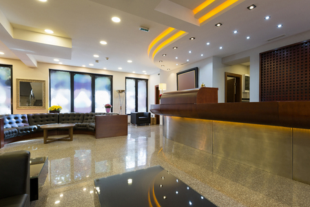 Reception area with reception desk in modern hotelの写真素材
