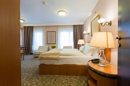 Interior of a new hotel double bed bedroom 
