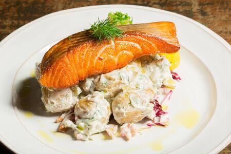 Salmon with mushroom saladの写真素材