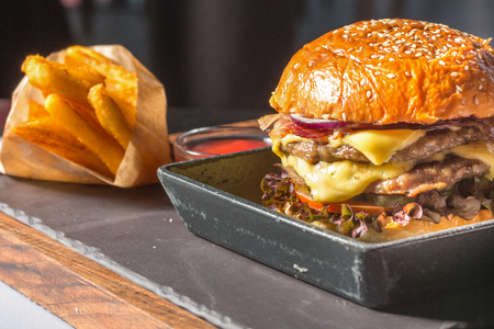 Double burger served with French friesの写真素材