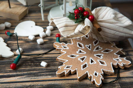 Christmas decoration on wooden tableの写真素材