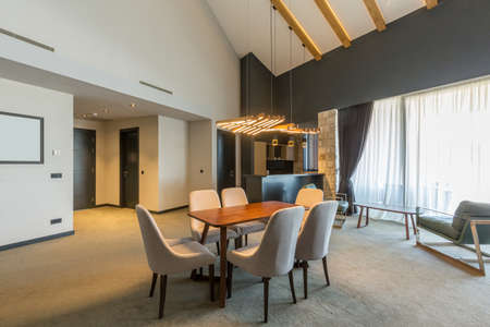 Interior of a large luxury open plan hotel apartment in the attic