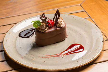 Delicious chocolate cake served in a restaurant