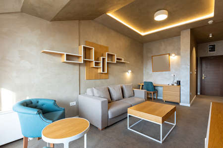 Interior of a hotel living room with furnitureの写真素材
