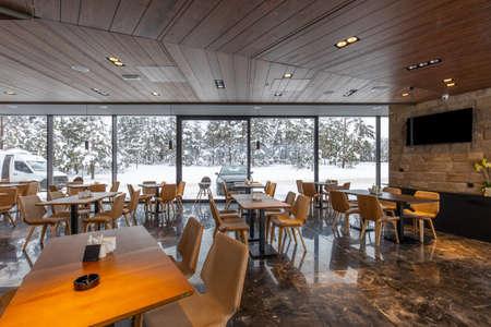 Interior of a modern mountain restaurantの写真素材