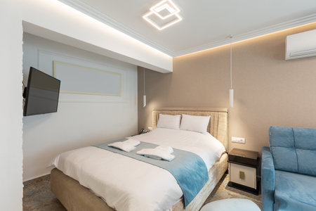 Interior of a luxury bedroom with marble floorの写真素材