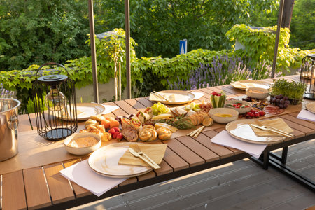 Food served outdoor on a long tableの写真素材