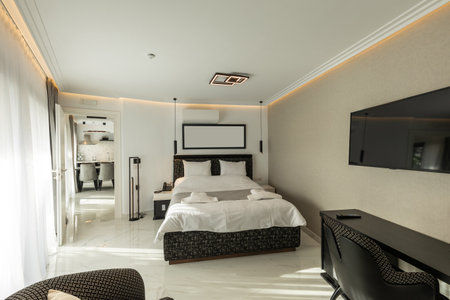 Interior of a luxury bedroom with marble floorの写真素材