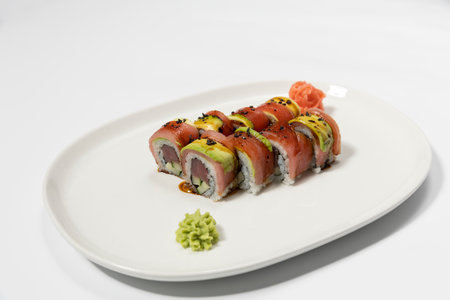 Sushi serving on white plateの写真素材