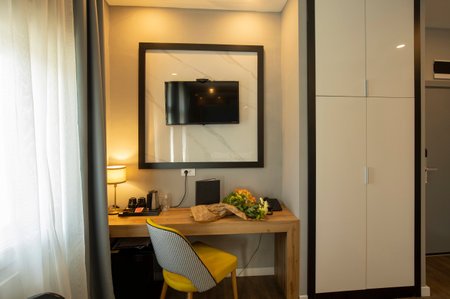 Hotel room interior, work table areaの写真素材
