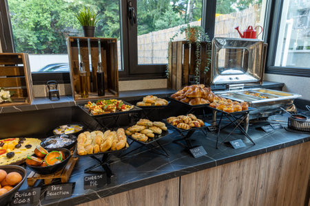 Interior of a hotel restaurant with buffet tableの写真素材