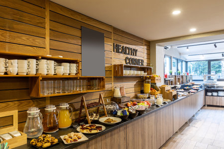 Interior of a hotel restaurant with buffet tableの写真素材
