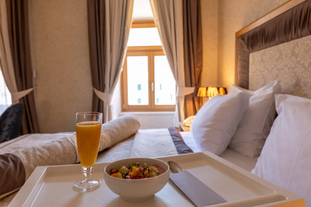 Breakfast served in hotel bedの写真素材