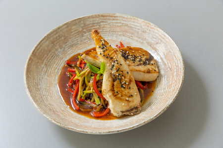 Salmon served with cooked vegetablesの写真素材