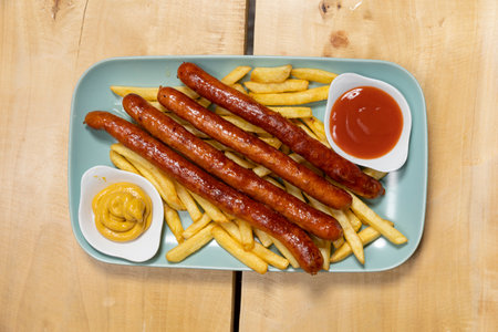 Grilled sausages served with french fries with dips on a plateの写真素材