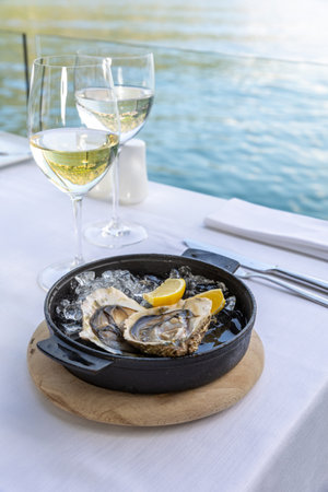 Oysters served on a restaurant table with wineの写真素材