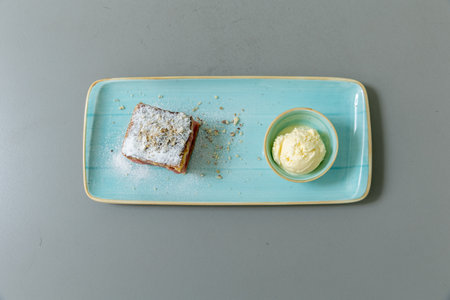 Apple pie served with vanilla ice creamの写真素材