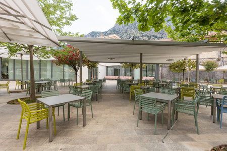 Empty outdoor hotel restaurant gardenの写真素材
