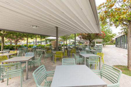 Empty outdoor hotel restaurant gardenの写真素材