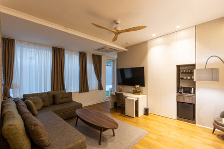 Interior of a modern hotel apartment with brick wall decorationの写真素材