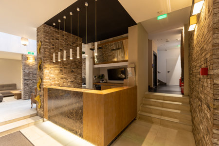 Hotel lobby with reception deskの写真素材