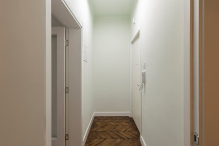 Apartment interior, entrance corridor with white doorsの写真素材