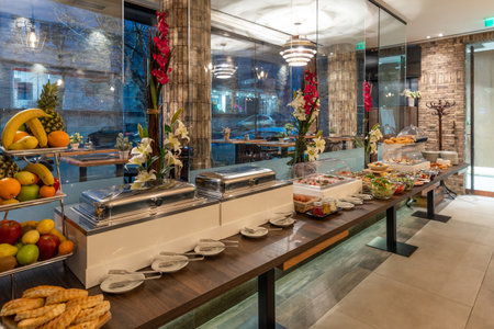 Restaurant interior with food buffet tableの写真素材