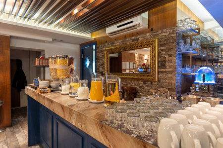 Restaurant interior with food buffet tableの写真素材